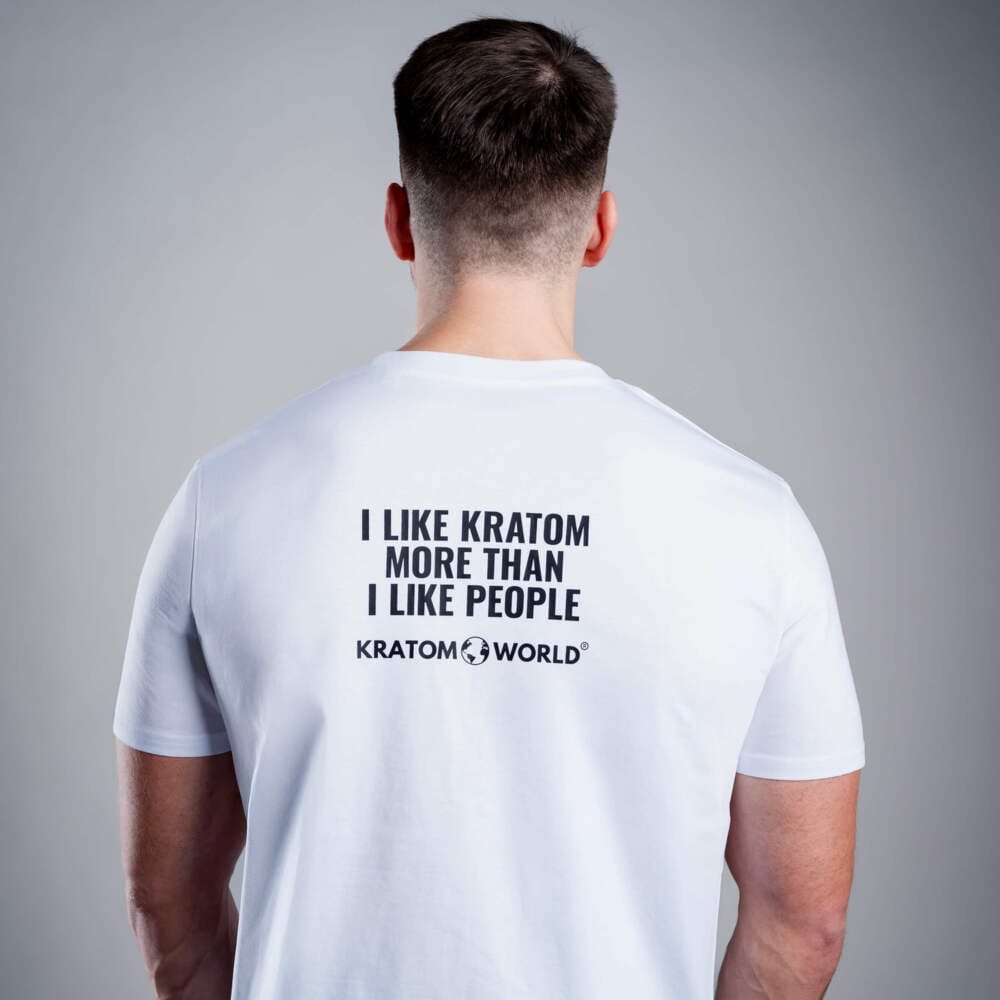 Мъжка тениска Kratom World I Like Kratom More Than I Like People, представена отзад като streetwear merch за любители на Kratom.