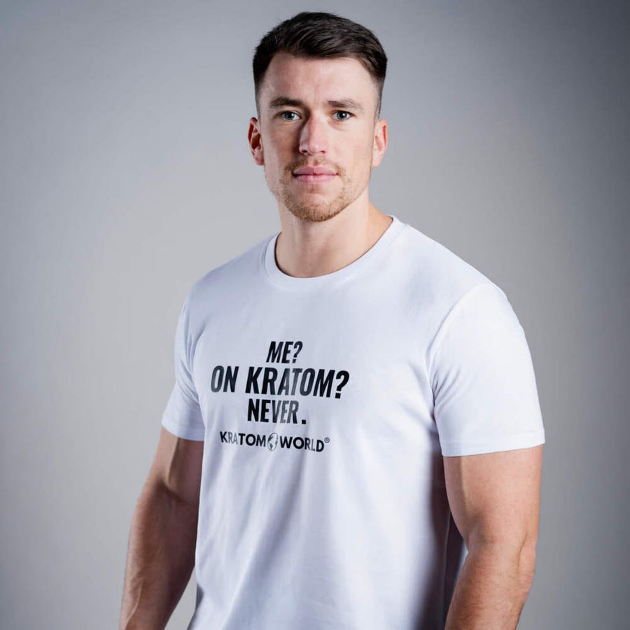 Мъжка тениска Kratom World Me on Kratom Never, представена в продуктов кадър като streetwear merch за любители на Kratom.