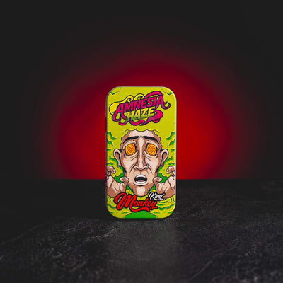 Monkey King метална кутия Kratom World с мотив Amnesia Haze, представена в продуктов кадър като метален box за съхранение.