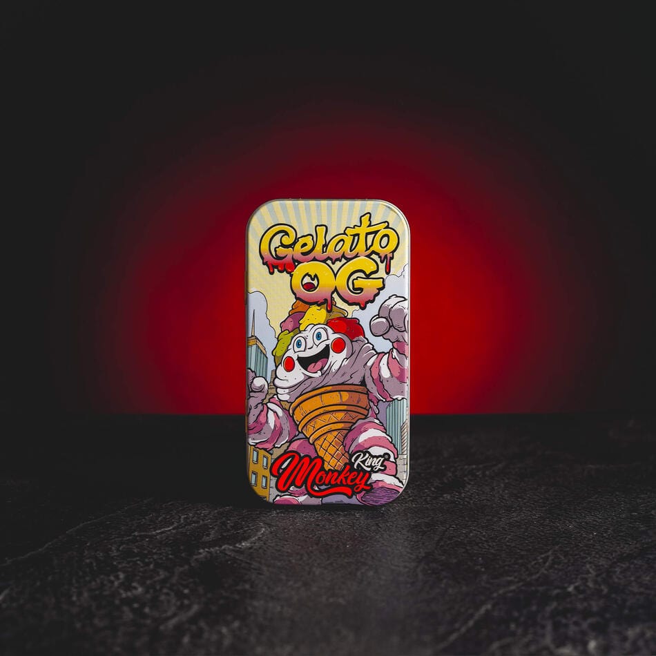 Monkey King метална кутия Kratom World с мотив Gelato, представена в продуктов кадър като метален box за съхранение.