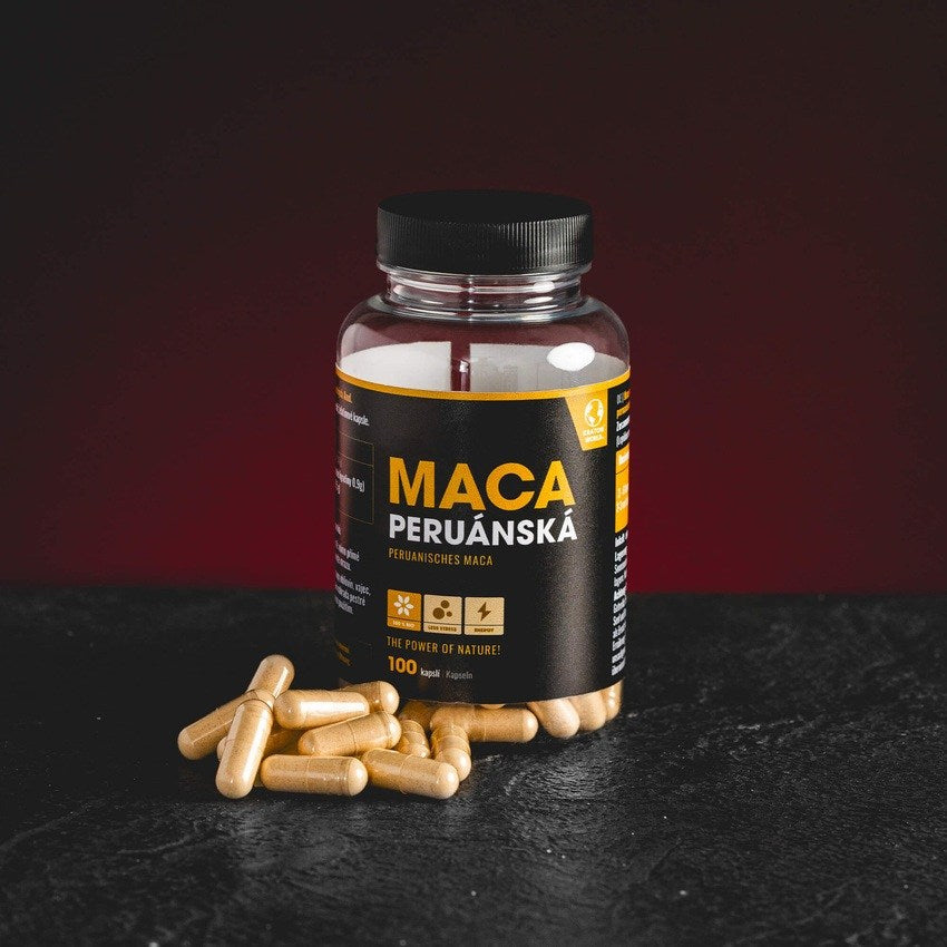 Перуанска Maca капсули Kratom World, представени в продуктов кадър като растителен продукт с libido и hormonal balance профил.
