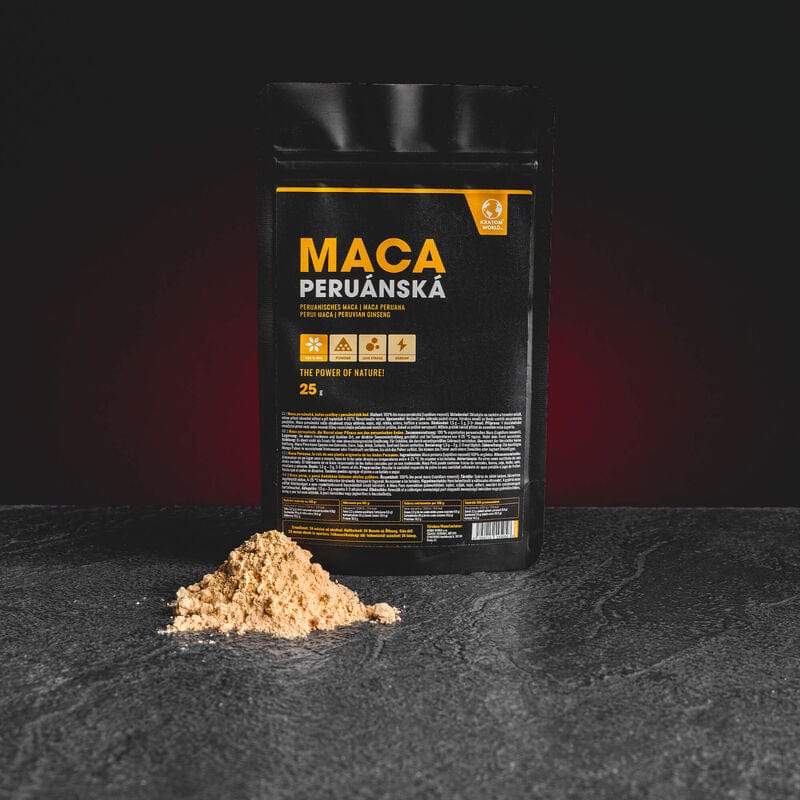 Перуанска Maca Lepidium meyenii Kratom World, представена в продуктов кадър като растителен продукт.