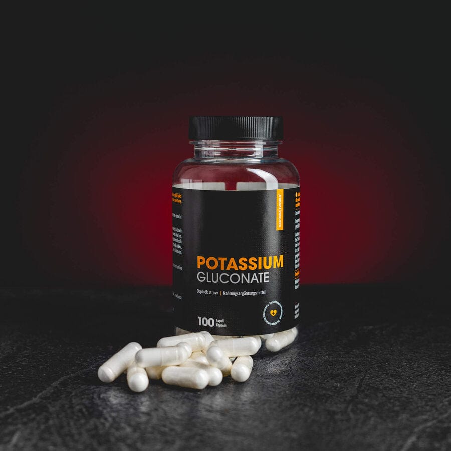 Potassium Gluconate Kratom World, представен в продуктов кадър като минерален продукт за подкрепа на сърцето, нервната система, мускулите и храносмилането.