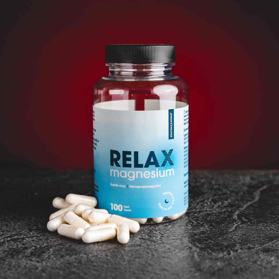 Relax Magnesium L-Threonate Kratom World, представен в продуктов кадър като магнезиев продукт за сън и релаксация.