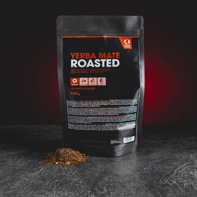 Печена Yerba Mate Kratom World, представена в продуктов кадър като roasted tea продукт.