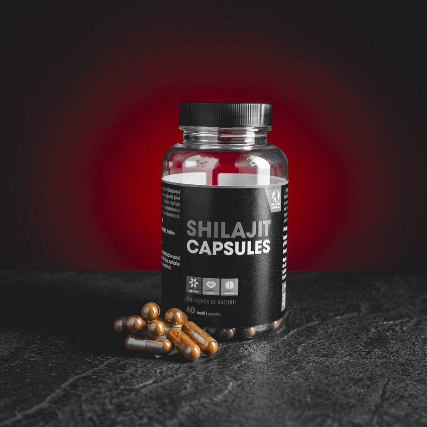 Shilajit капсули Kratom World, представени в продуктов кадър като качествен продукт от Индия с mountain blood и libido профил.