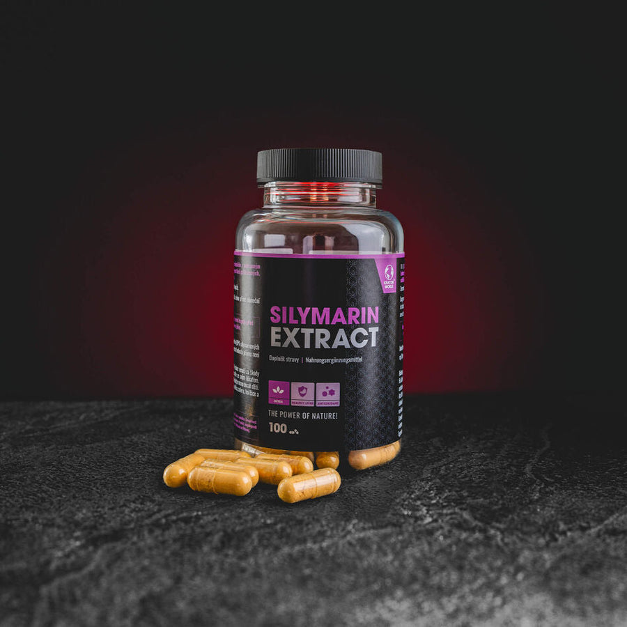 Silymarin екстракт Kratom World, представен в продуктов кадър като хранителна добавка от бял трън за подкрепа на черния дроб.