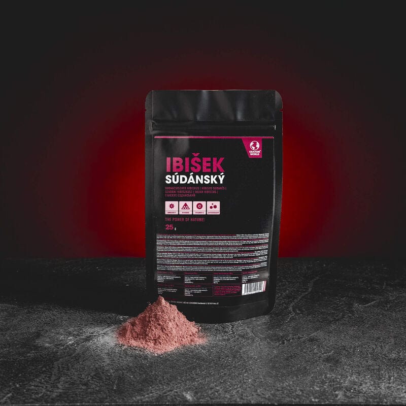 Судански хибискус Kratom World, представен в продуктов кадър като билков продукт за чай и ежедневна употреба.