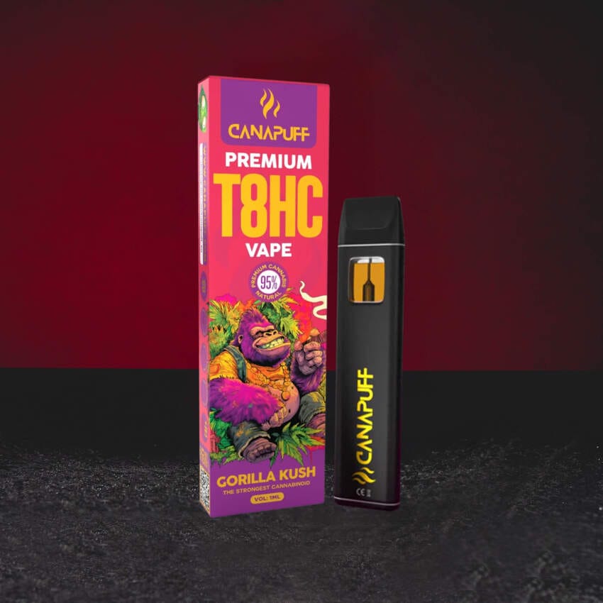 T8HC vape Kratom World 1 мл с вкус Gorilla Kush, нов канабиноид с дълбоко релаксиращ профил и kush характер, приблизително 300–400 дръпки.