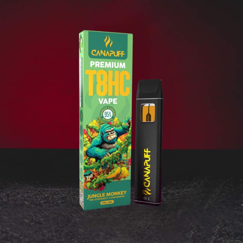 T8HC vape Kratom World 1 мл с вкус Jungle Monkey, нов канабиноид с балансиран еуфоричен и релаксиращ профил, приблизително 300–400 дръпки.