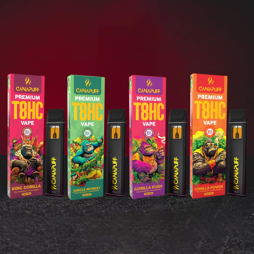 T8HC vape комплект Kratom World 1 мл с вкусове Jungle Monkey и Gorilla Kush, нов канабиноид с балансиран релаксиращ профил и приблизително 300–400 дръпки.