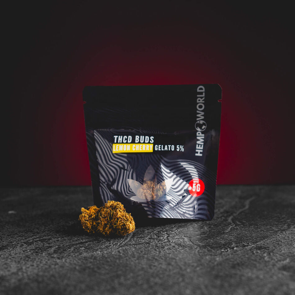 THD Buds Lemon Cherry Gelato Kratom World, представени в продуктов кадър като CBD канабиноидни конопени цветове.