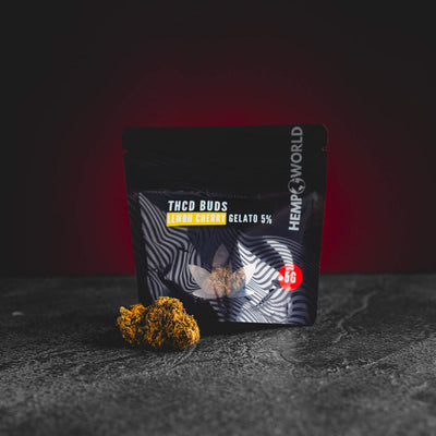 THD Buds Lemon Cherry Gelato Kratom World, представени в продуктов кадър като CBD канабиноидни конопени цветове.