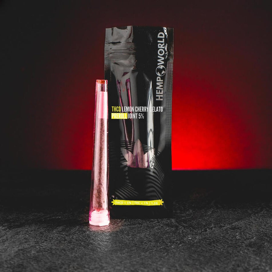 THD preroll Lemon Cherry Gelato Kratom World, представен в продуктов кадър като pre-rolled joint с CBD и канабиноиден профил.
