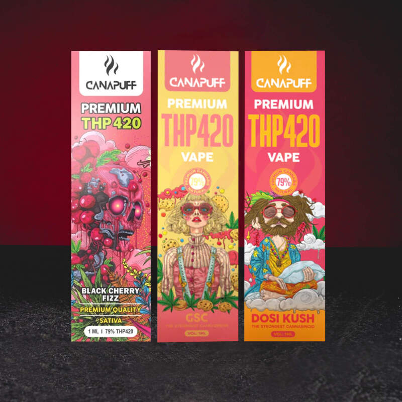 THP420 вейп писалки Kratom World 79% 1 мл в групова продуктова снимка с вкусове Black Cherry Fizz, GSC и Dosi Kush.