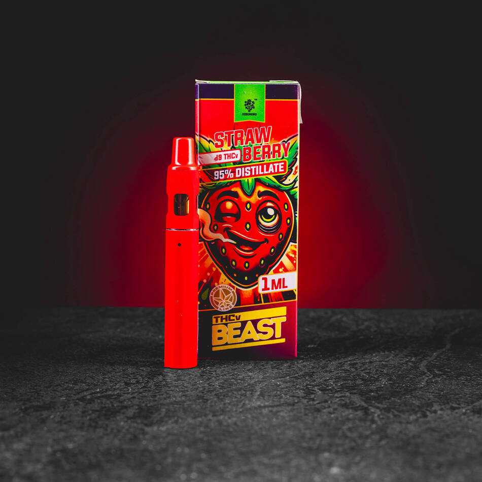 THV Beast Vape Kratom World Strawberry, представен в продуктов кадър като vape produkt s ягодов профил, chill a euforickým charakterem.