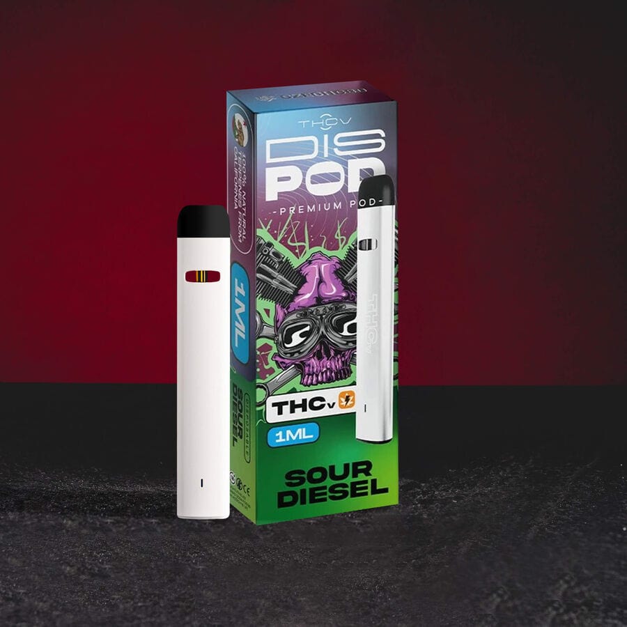 THV вейп vaporizer Kratom World с вкус Sour Diesel, показан като канабиноиден vape продукт.