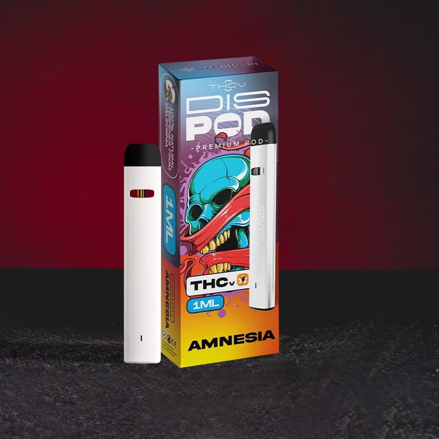 THV Vape Vaporizer Amnesia Haze Kratom World, представен в продуктов кадър като канабиноиден vape продукт с Amnesia Haze профил.
