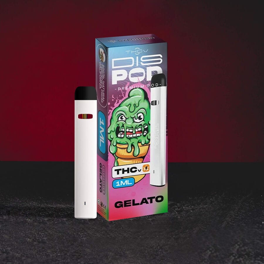 THV Vape Vaporizer Gelato Kratom World, представен в продуктов кадър като канабиноиден vape продукт с Gelato профил.
