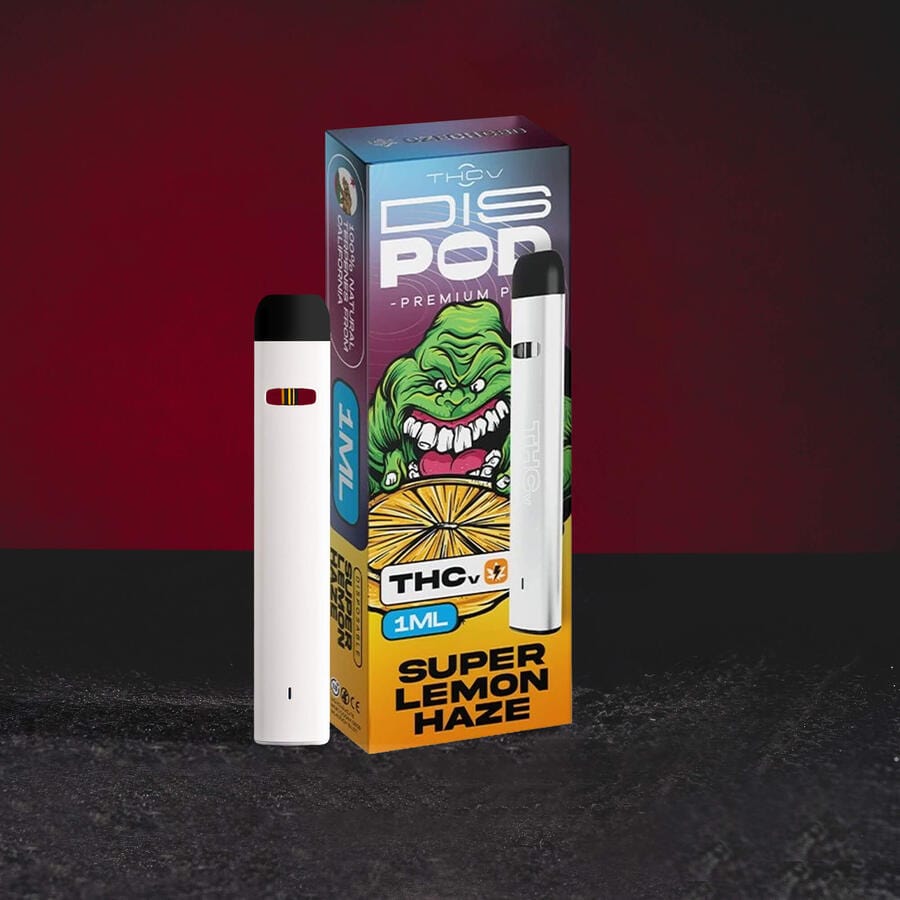 THV Vape Vaporizer Super Lemon Haze Kratom World, представен в продуктов кадър като канабиноиден vape продукт с цитрусов haze профил.