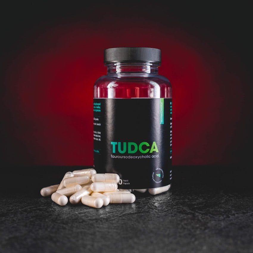 TUDCA Kratom World 100 капсули 250 mg, представена в продуктов кадър като хранителна добавка с тауроурсодезоксихолова киселина.