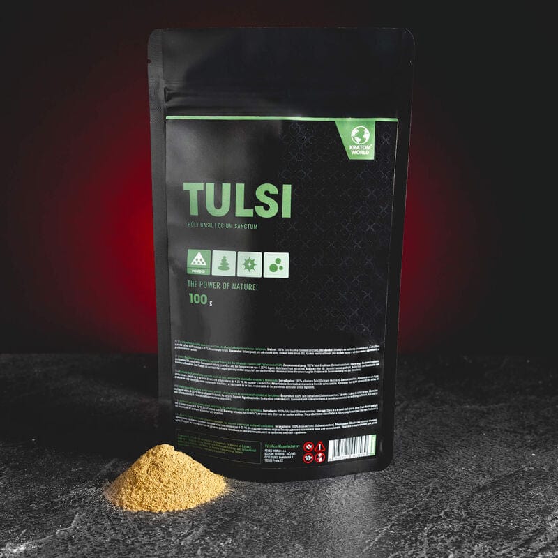 Tulsi Holy Basil Kratom World, представен в продуктов кадър като растителен продукт със свещен босилек, свързан с алкохолен дискомфорт.
