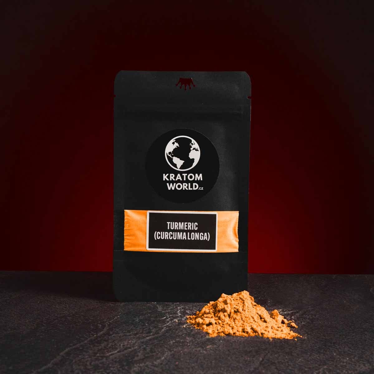 Turmeric Kratom World, представен в продуктов кадър като растителен продукт с профил за подкрепа при главоболие.