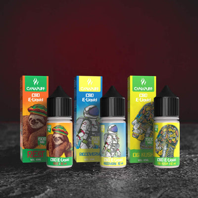 Групова снимка на CBD e-liquid Kratom World Vape Canna Cannabinoid за електронни цигари и vape устройства.