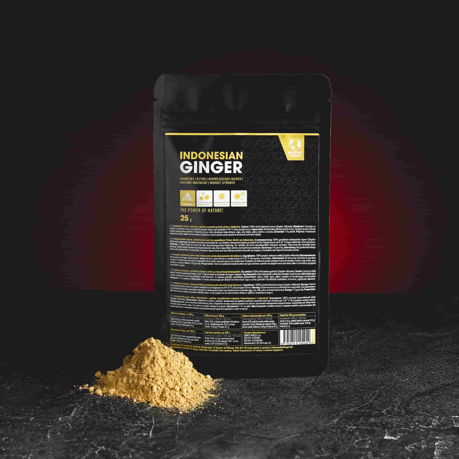 White Indonesian Ginger Kratom World, представен в продуктов кадър като качествен джинджифилов продукт с профил за подкрепа при болка и заболяване.