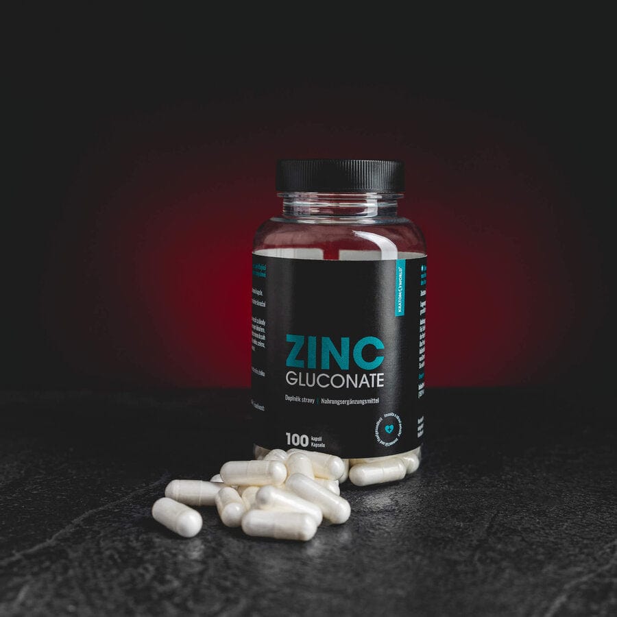 Zinc Kratom World, представен в продуктов кадър като минерален продукт за подкрепа на кожата, ноктите, имунната система и сетивната система.