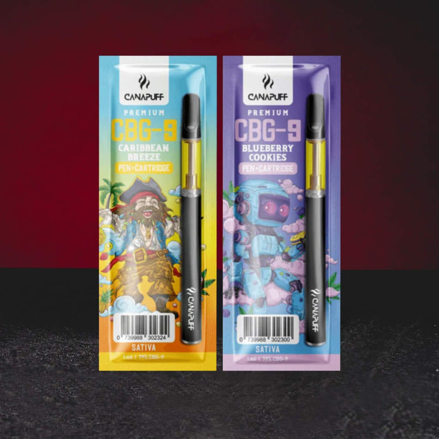 Групова снимка на комплект за вейп kratom-world cbg9-79-1ml с боровинкови бисквитки-карибски бриз