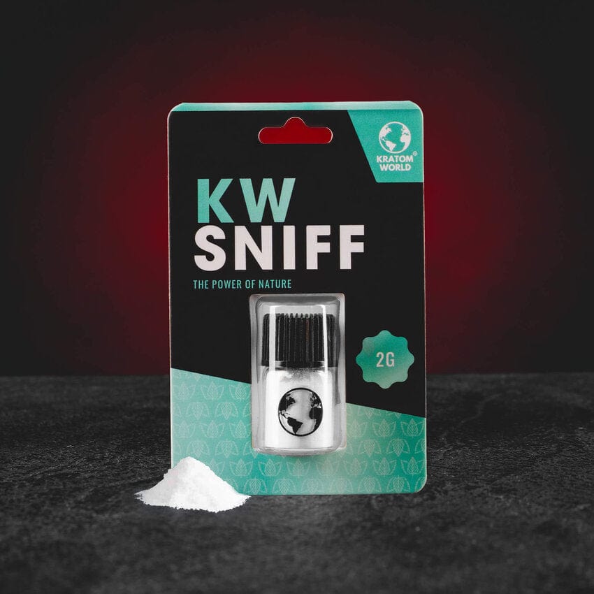 KW Sniff Kratom World с кофеин и таурин, представен в продуктов кадър като енергиен sniff прах.