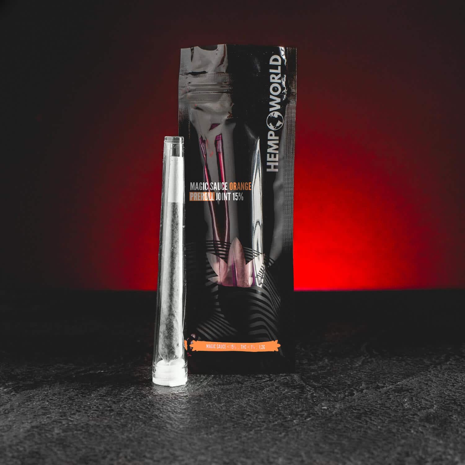 Magic Sauce preroll Kratom World и Hemp World, представен в продуктов кадър като конопен preroll продукт.